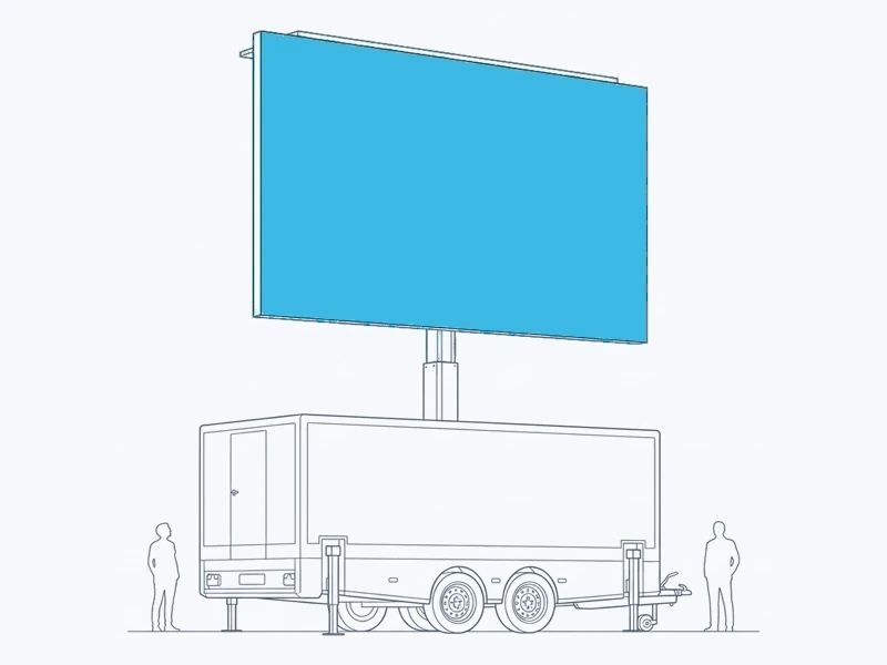 Mobile LED trailer with its screen raised on a telescopic mast